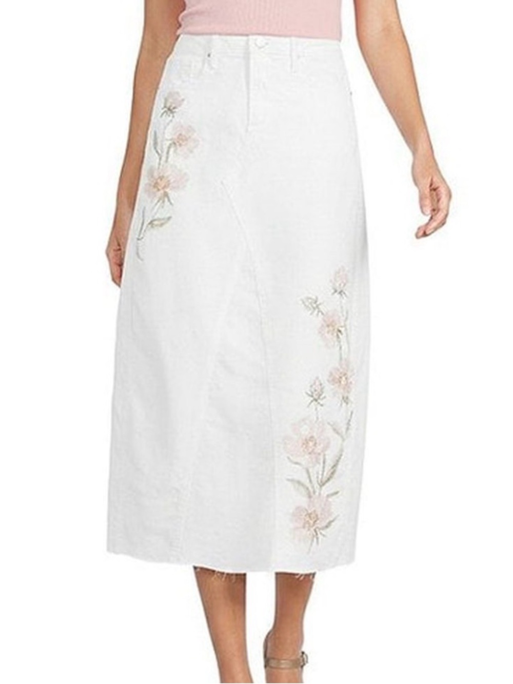 Driftwood Stef Floral Embroidered White Denim Raw Hem Midi Skirt Size 26 NWT